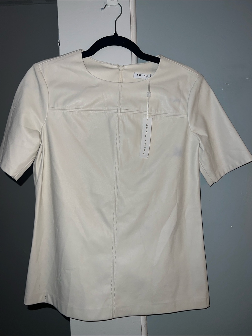 Trina Turk Cream Short Sleeve Faux Leather Top